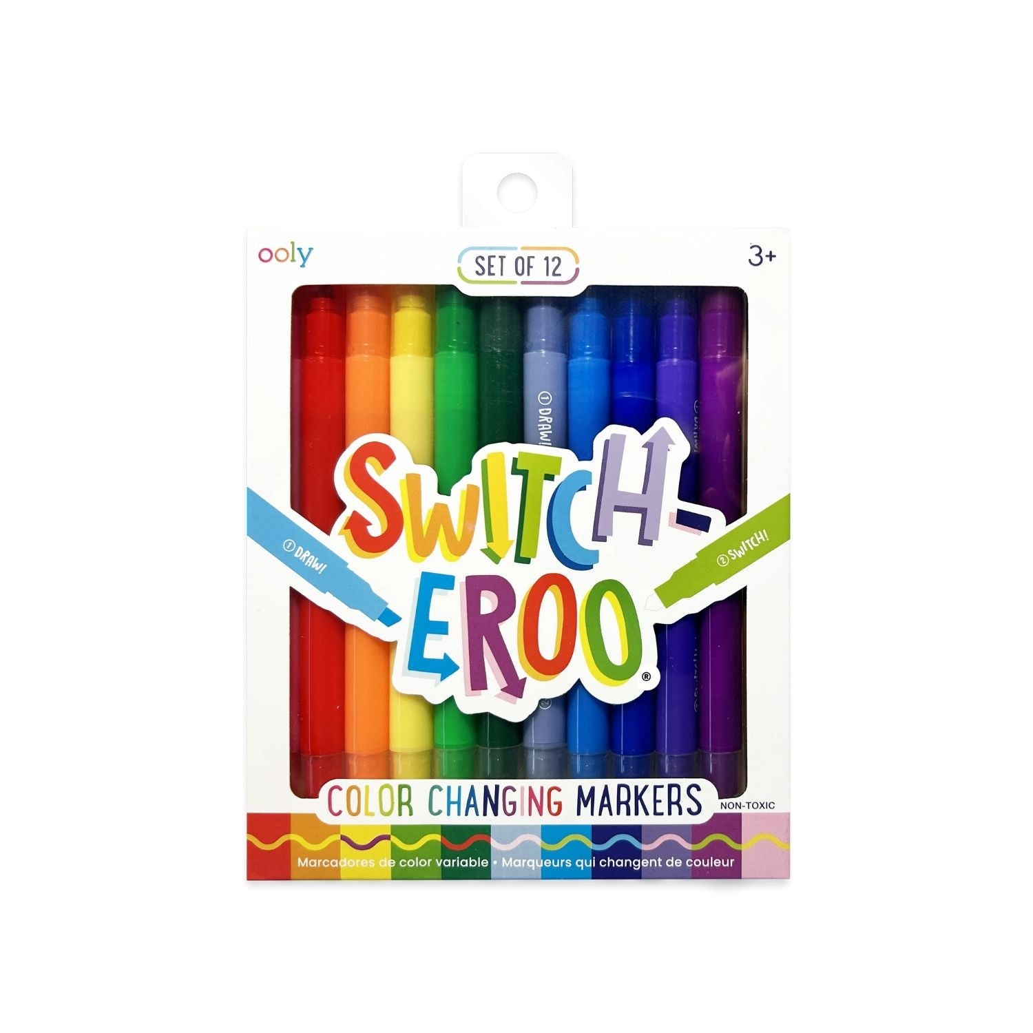 A set of 12 Switcheroo color-changing markers with chiseled tips, displayed in a variety of colors, packaged in a clear plastic case with a white background.