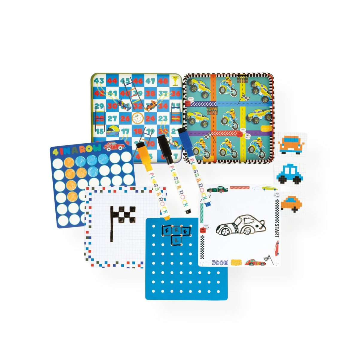 Set of children's activity mats with vehicle-themed designs on a white background