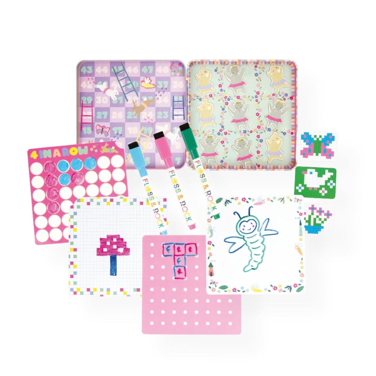 Set of 6 children's activity boards with colorful designs on a white background