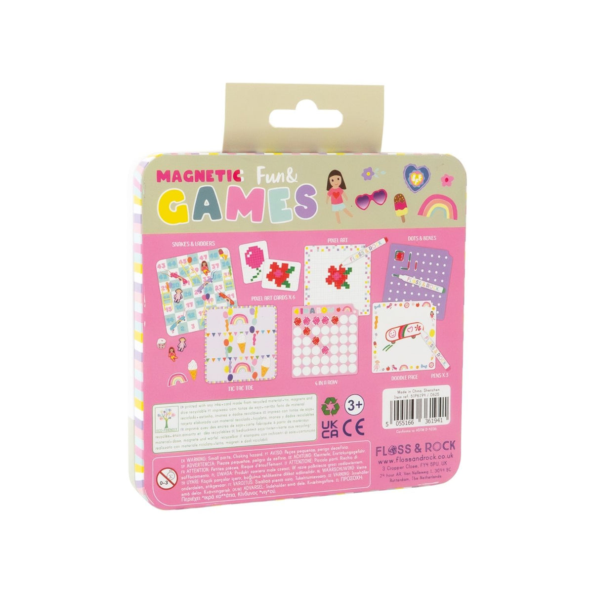 Packaging of magnetic fun games with colorful designs on a white background