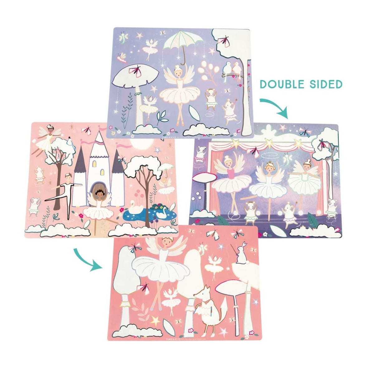 Double-sided children's activity placemat for mealtimes with fairy and castle designs on a white background