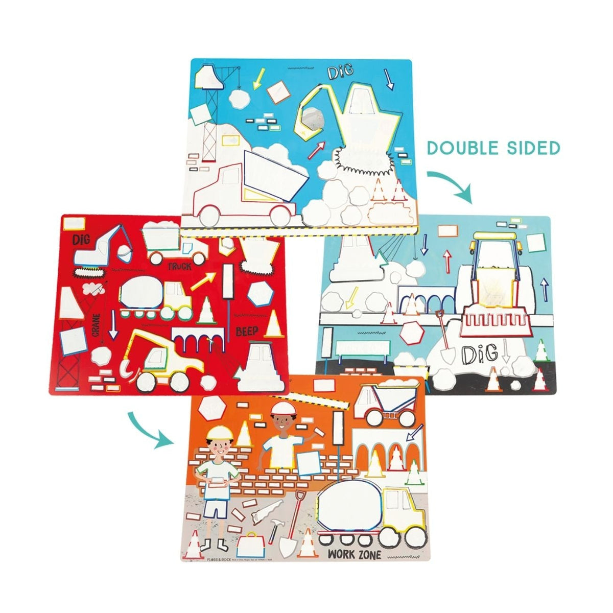 Double-sided children's activity mat with construction and chef designs on a white background.