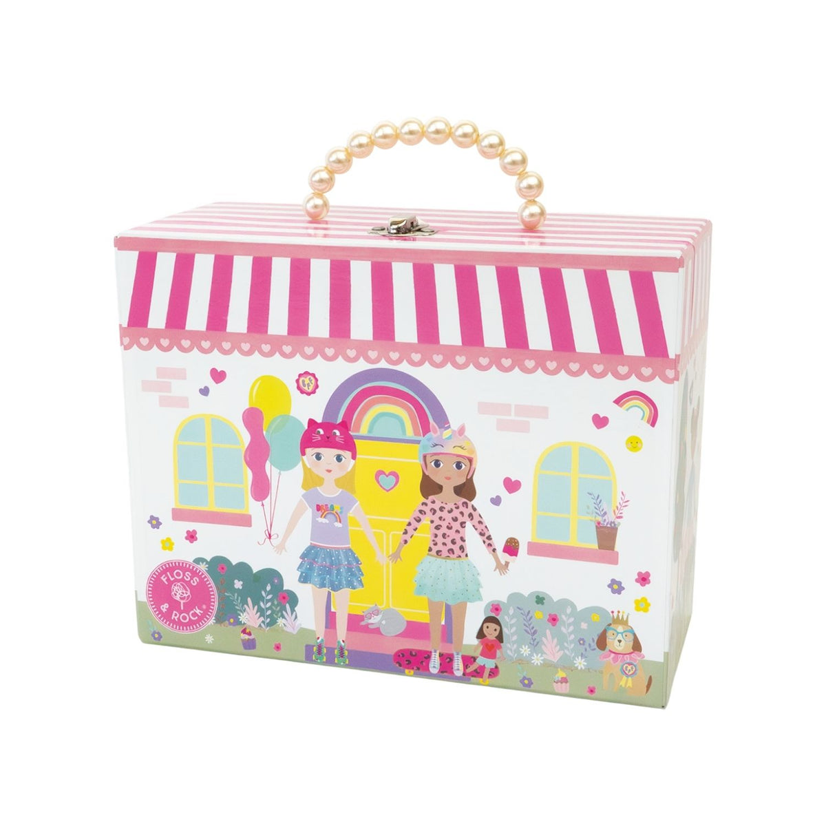 Colorful tea set carry box with cartoon characters and striped design on a white background