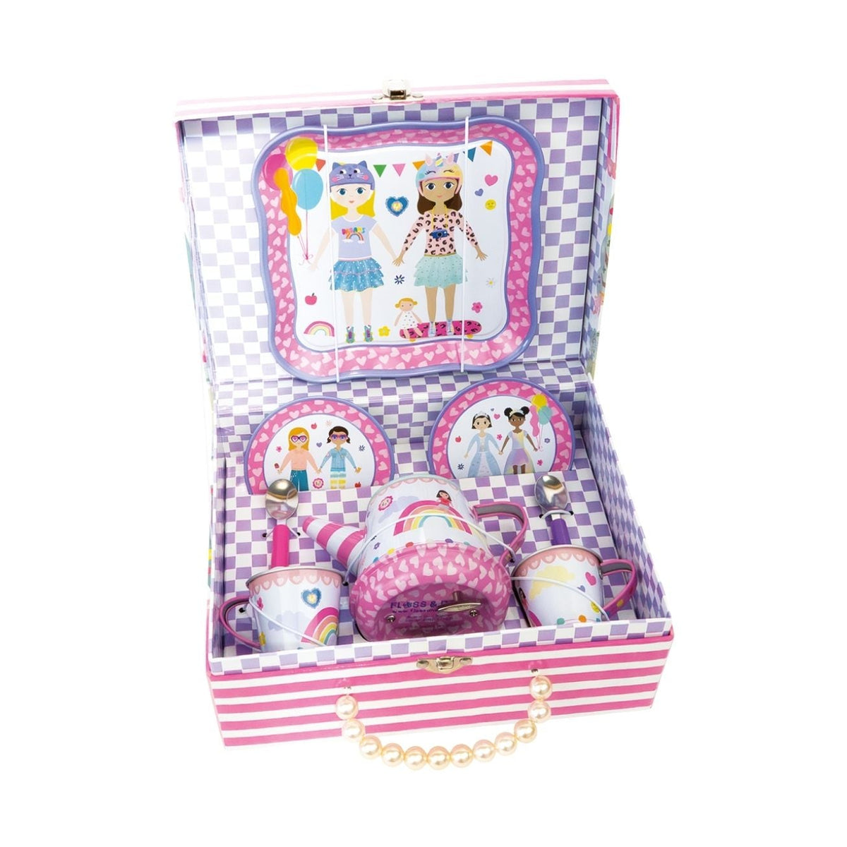 9 piece girls tea set in a decorative box with checkered pattern and cartoon characters on a white background