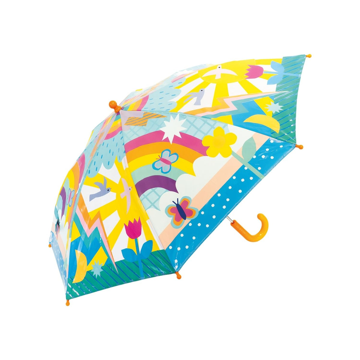 A colour changing umbrella for kids featuring white patterns that transform into bright colours when wet. Ideal for creative play on rainy days.
