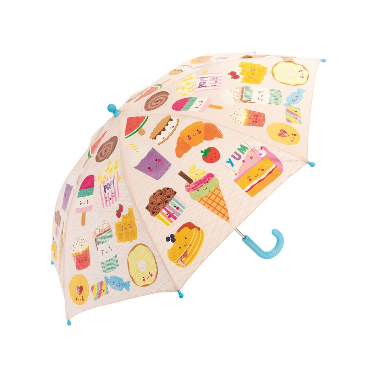A colour changing umbrella for kids featuring white patterns that transform into bright colours when wet. Ideal for creative play on rainy days.