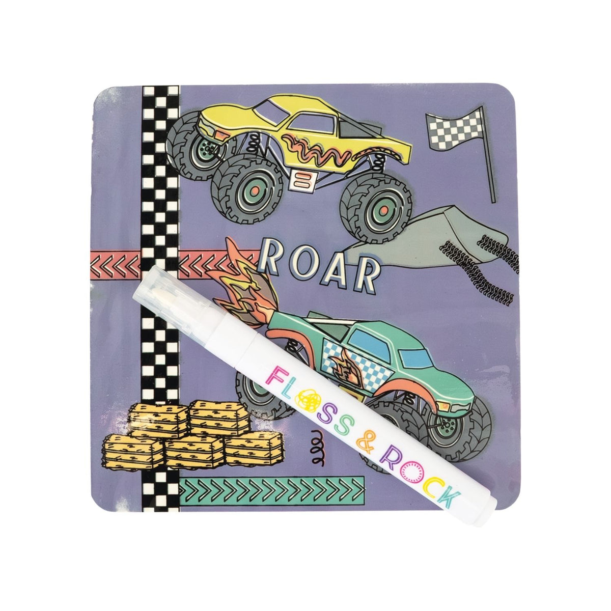 Children's colur changing cards with monster truck illustrations and a pen on a white background