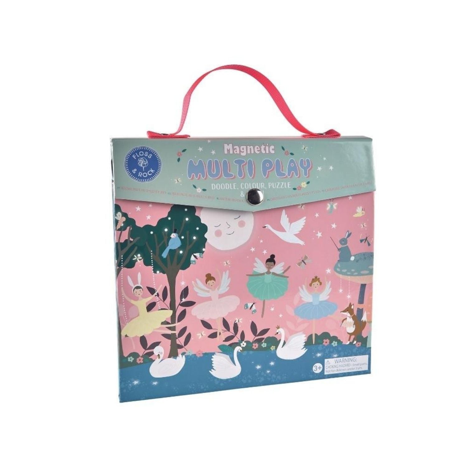 A magnetic multi-play game for children featuring various activities such as puzzles, coloring, and doodling with a carrying handle, themed around ballerinas and birds.