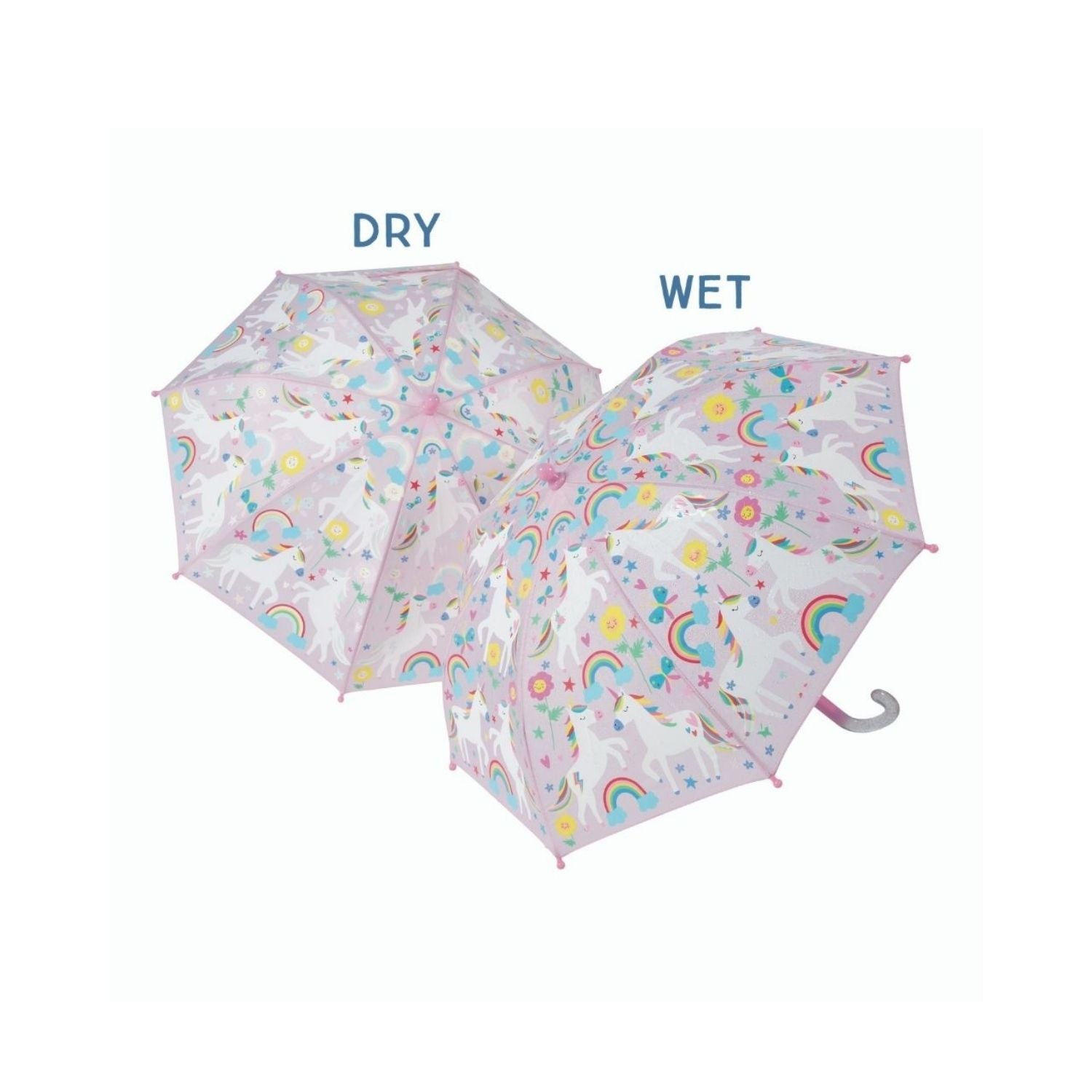 A color changing umbrella depicted in both dry and wet states, featuring a pattern with rainbows, unicorns, and butterflies.