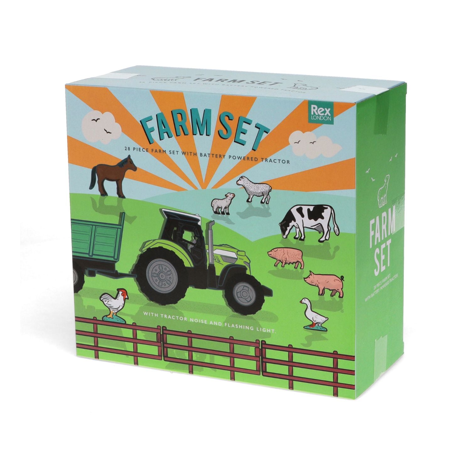 Box of a farm toy set with animals and a tractor on a colorful background