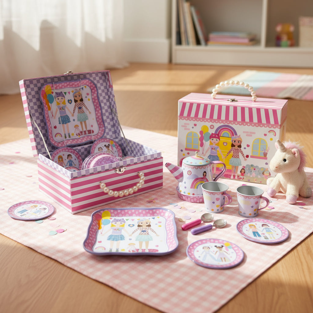 Children's tea set with pink and purple striped box, plates, cups, and a teapot on a checkered tablecloth.