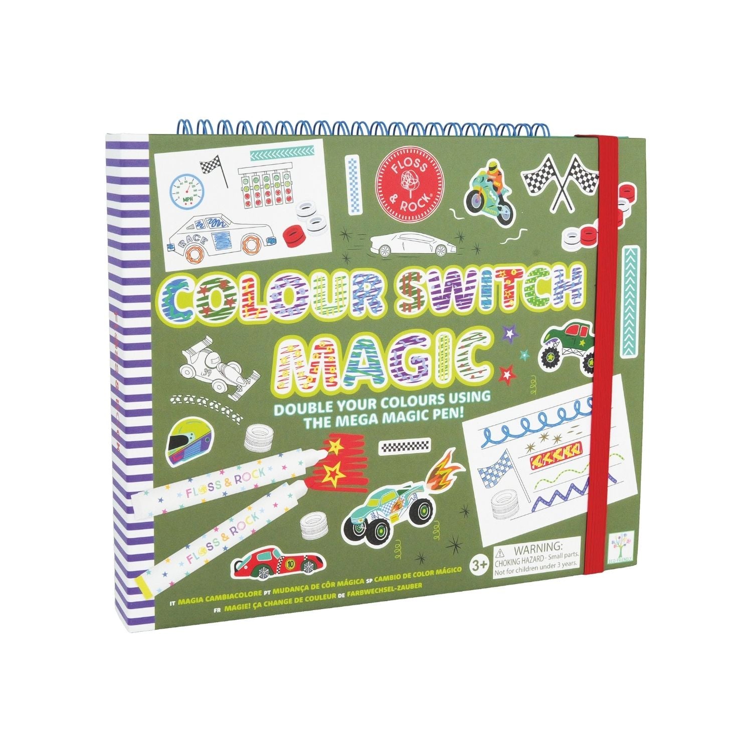 A colorful package containing art supplies including a magic white pen, colored pens, doodle pages, color-in pages, lined pages, and sticker pages, themed around cars.