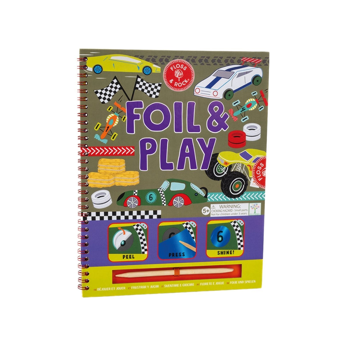 A spiral bound book titled &#39;FOIL &amp; PLAY&#39; with colorful illustrated pages and various car designs.