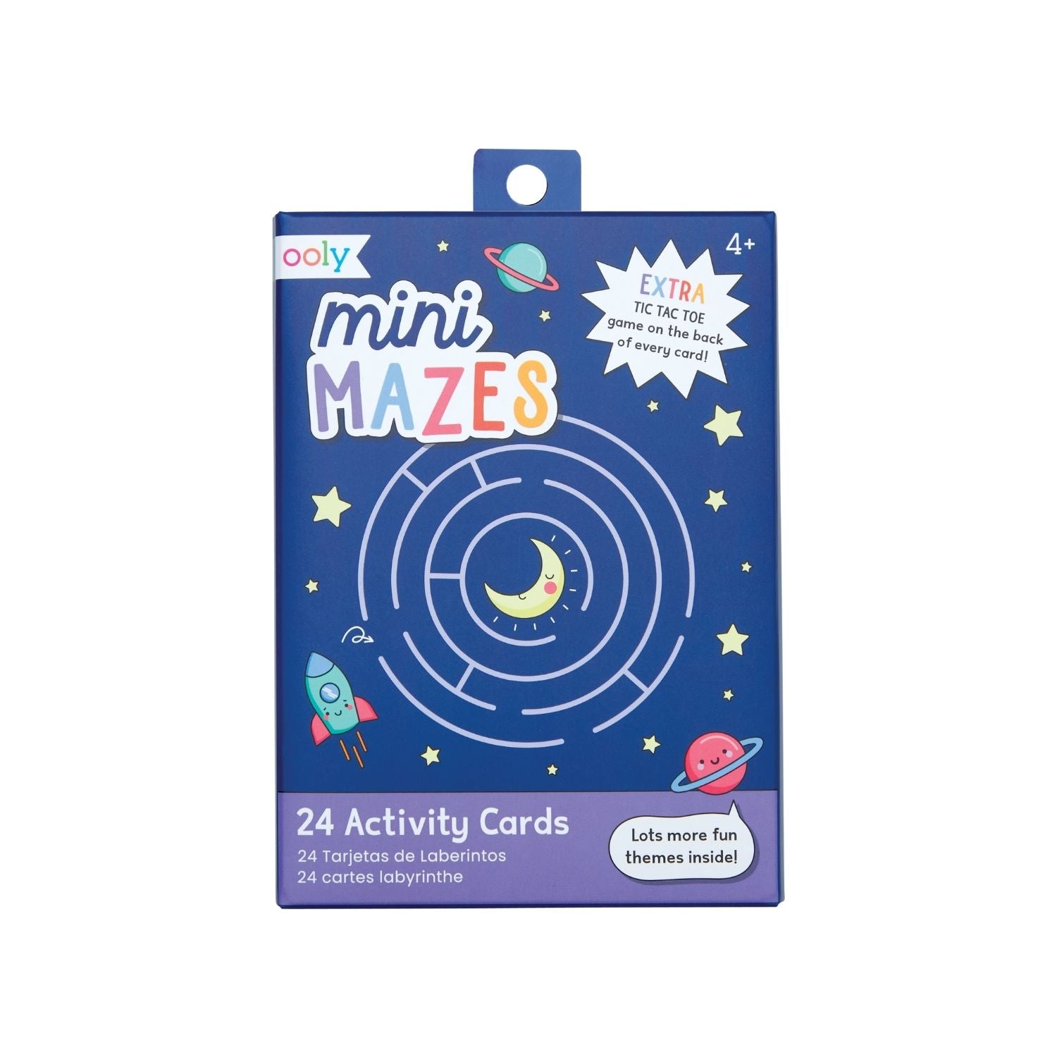Packaging of Mini Mazes Activity Cards featuring space-themed illustrations with rockets and planets, and text detailing the product is suitable for ages 4 and up, with 24 activity cards included.