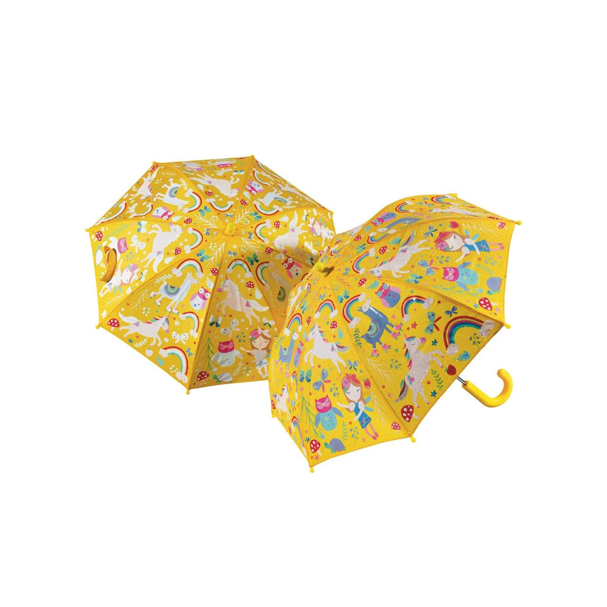 A colorful children&#39;s umbrella with a pattern of unicorns, rainbows, fairies, and llamas. The umbrella is shown both open and closed, with a yellow handle and multicolored panels.