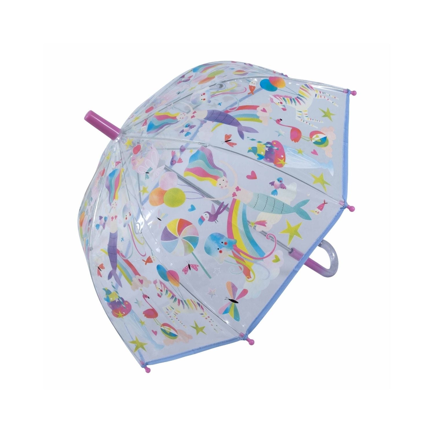 A transparent children's umbrella with colorful animal and fantasy character illustrations, featuring a rainbow, mermaids, and other elements.