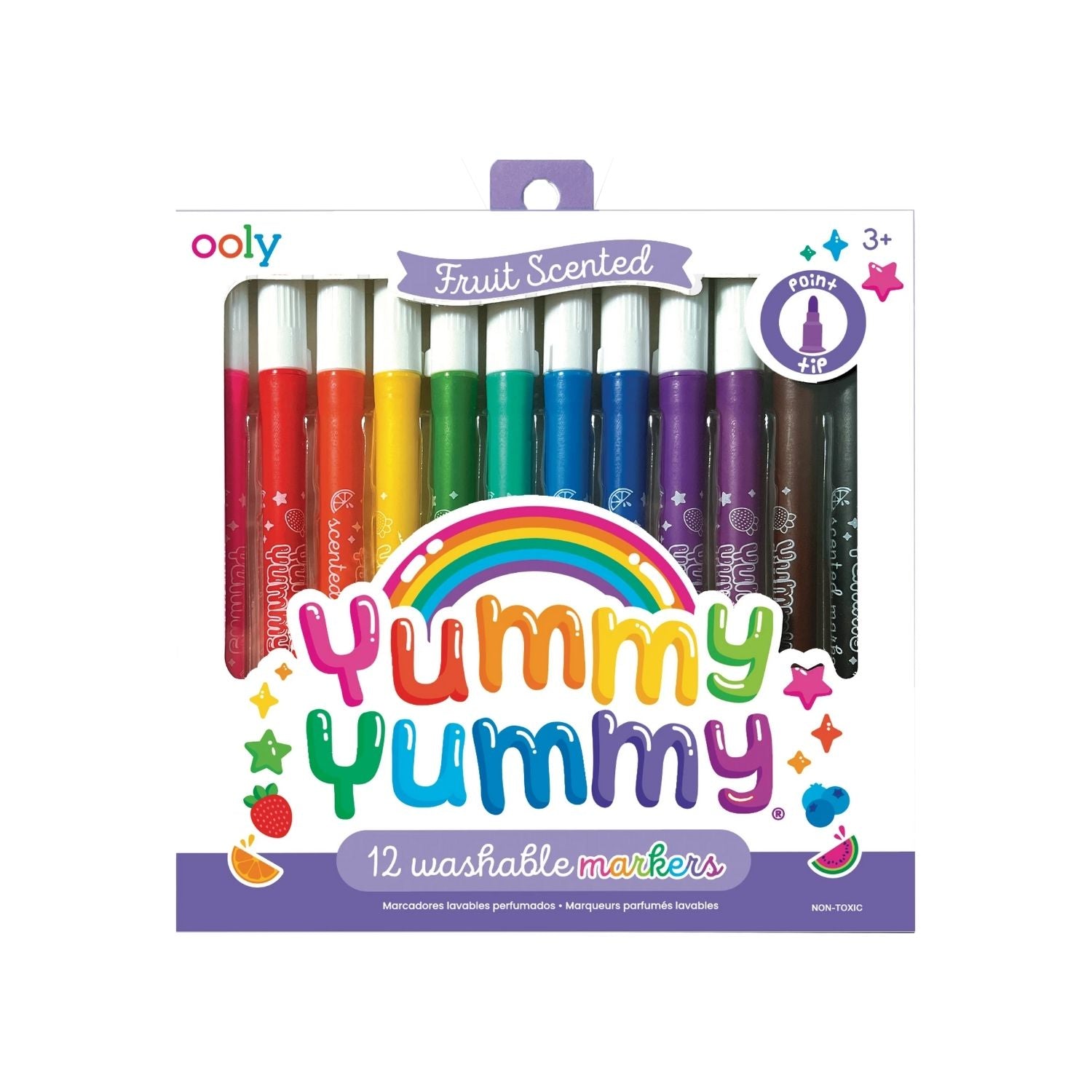 A set of 12 Yummy Yummy scented markers by ooly, with pointed tips and a variety of colors, including black, red, orange, yellow, green, blue, and purple, packaged in a clear plastic case with a colorful label.