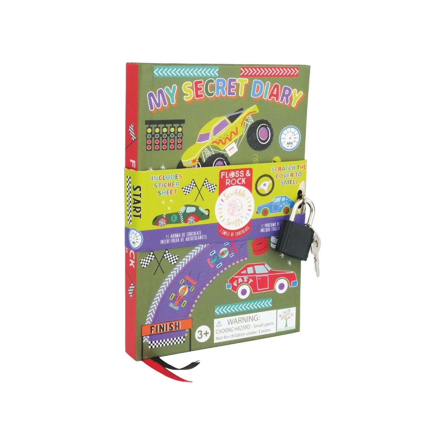 A colorful children's diary titled 'MY SECRET DIARY' with a car theme, including illustrations of racing cars, a padlock, and a sticker sheet. The diary smells of chocolate and has a scratch & sniff cover.