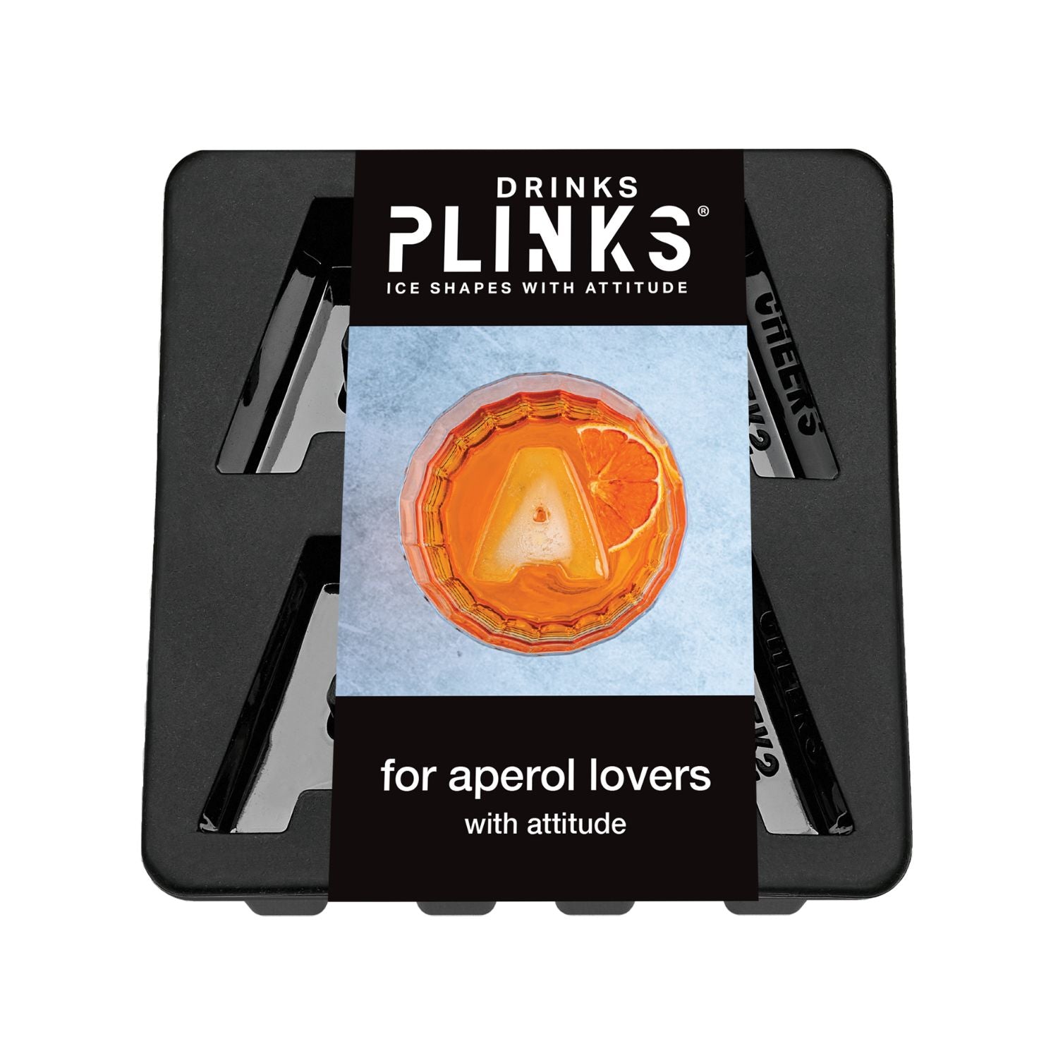 Plinks ice cube tray with aperol-themed ice cube on a white background