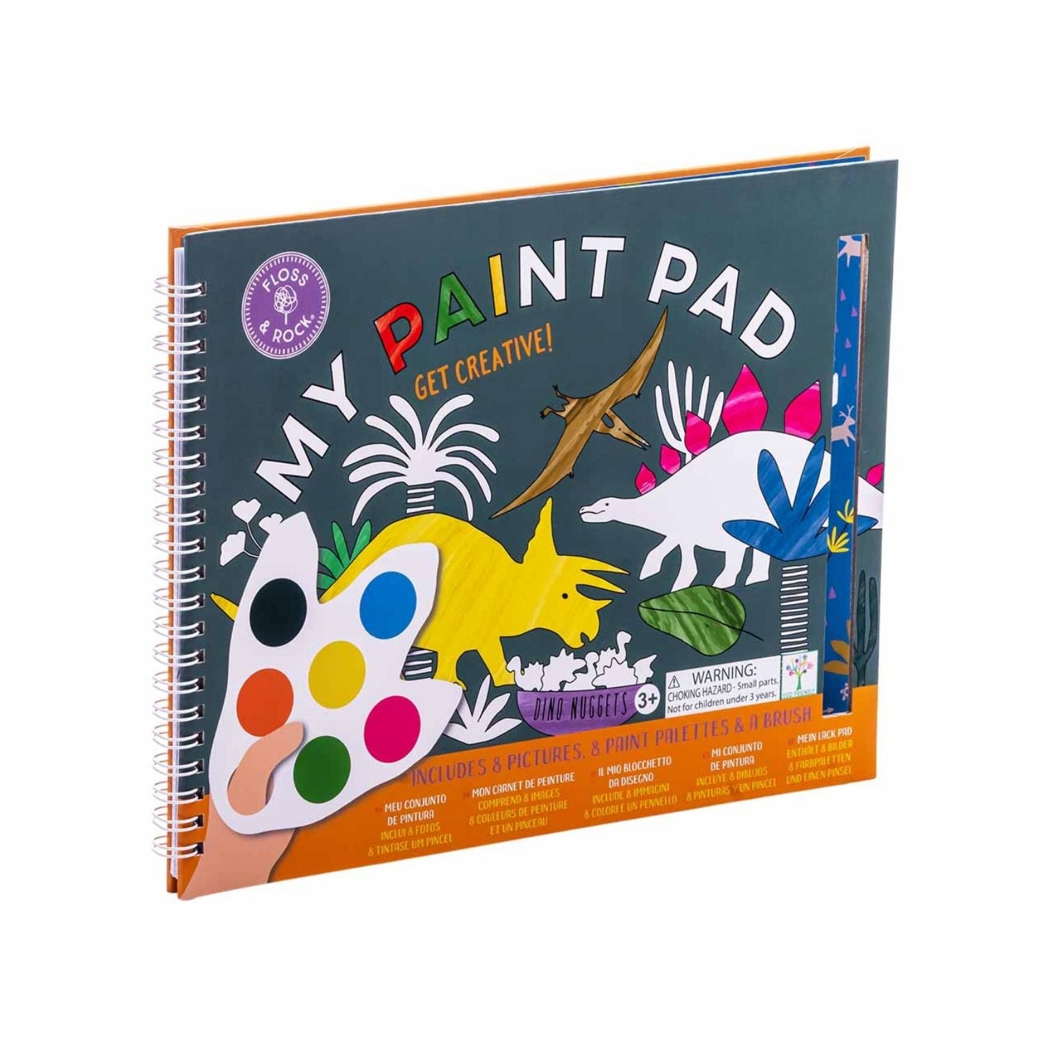 A paint pad designed for children with dinosaur shapes and a paintbrush illustrated on the cover.