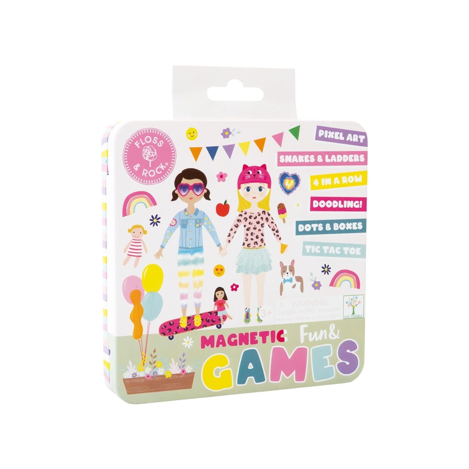 Packaging of magnetic games with illustrations of children and game names on a white background