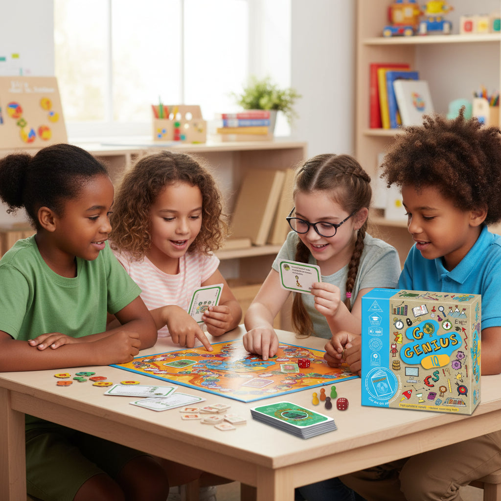 Four children playing a board game together in a classroom setting.