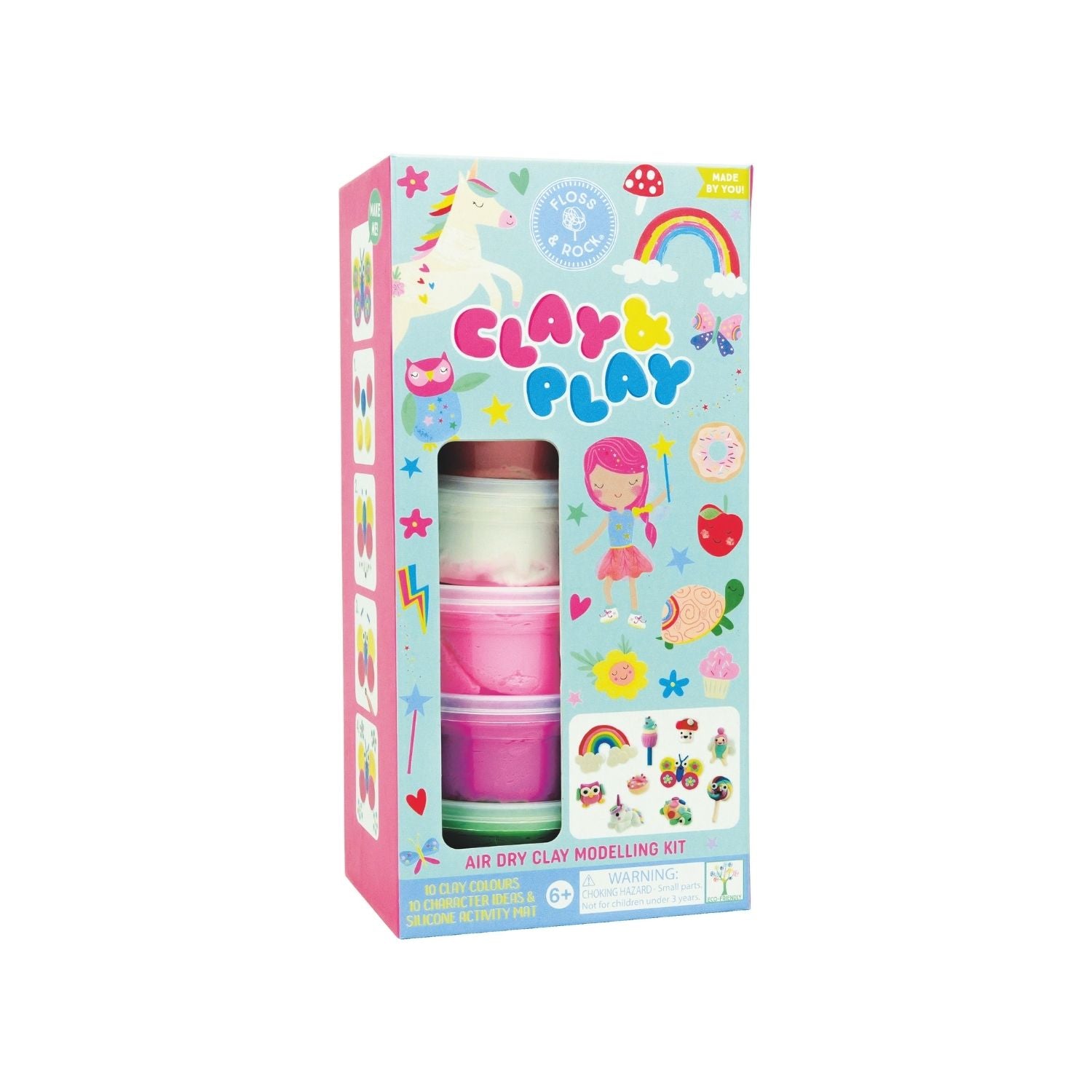 Packaging for 'Rainbow Fairy - Clay & Play' art and craft kit featuring various colors of clay and craft materials, with illustrations of fairies and rainbow.