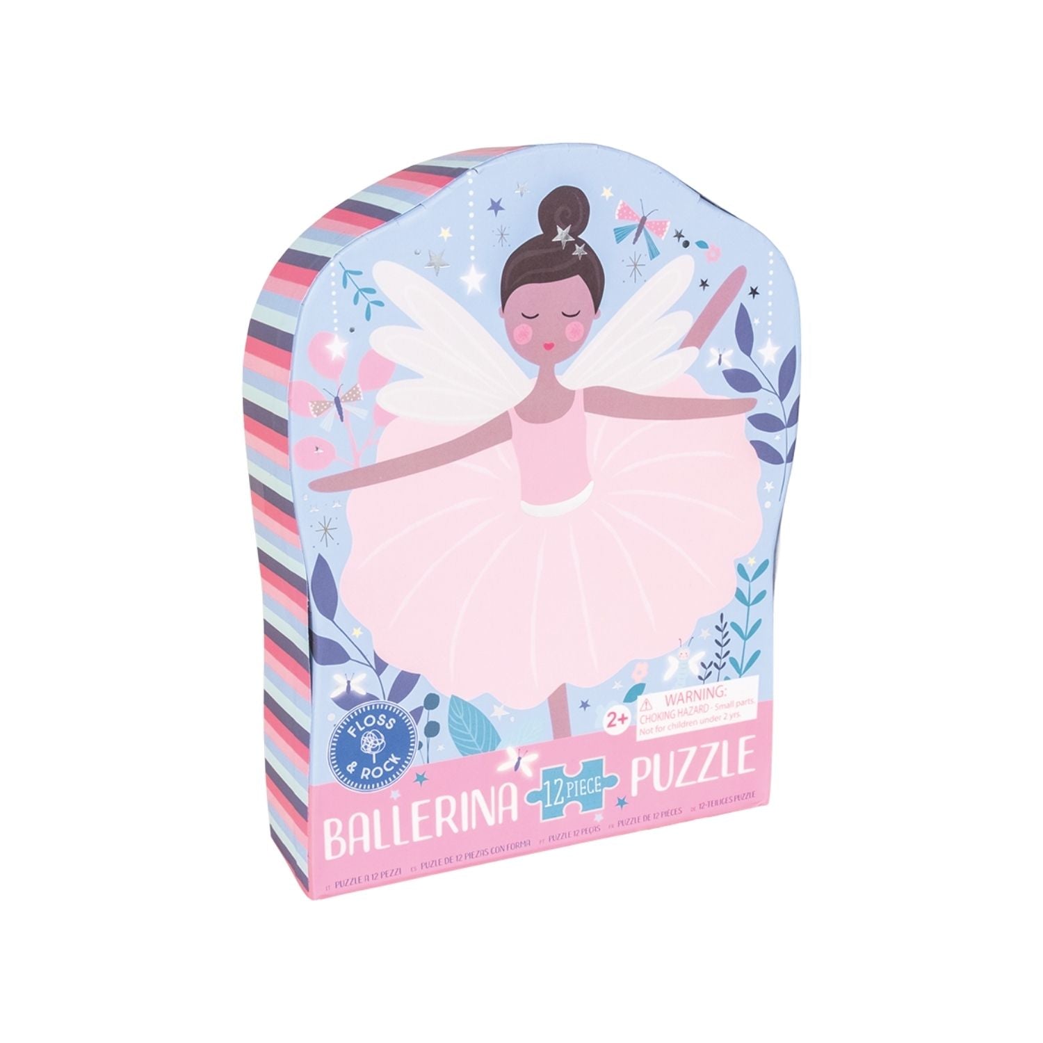 A packaged 12-piece shaped puzzle depicting a ballerina in a pink dress, with floral and striped patterns on the box.