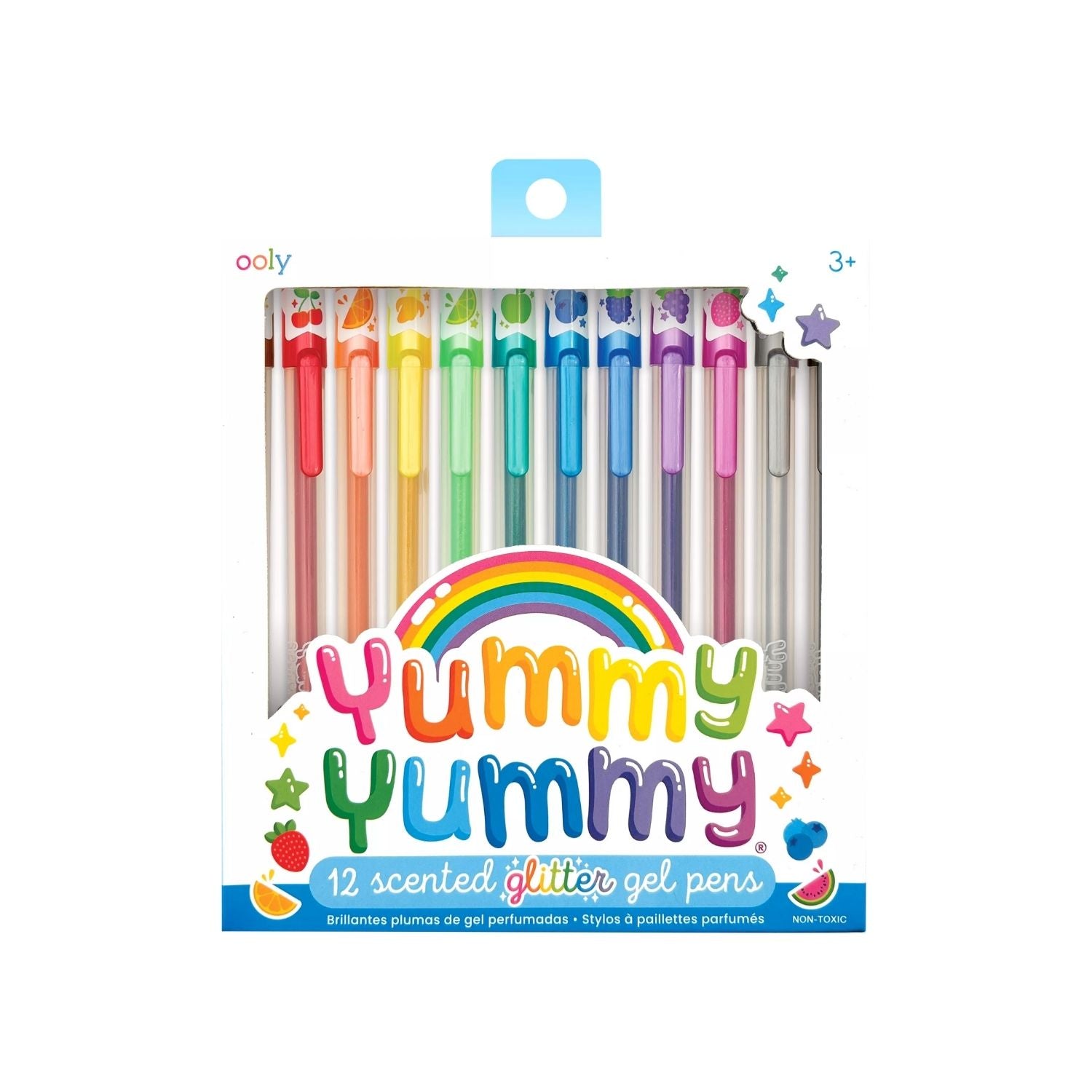 A pack of 12 Yummy Yummy scented glitter gel pens in various colors, displayed in a clear box with a colorful rainbow design and stars.
