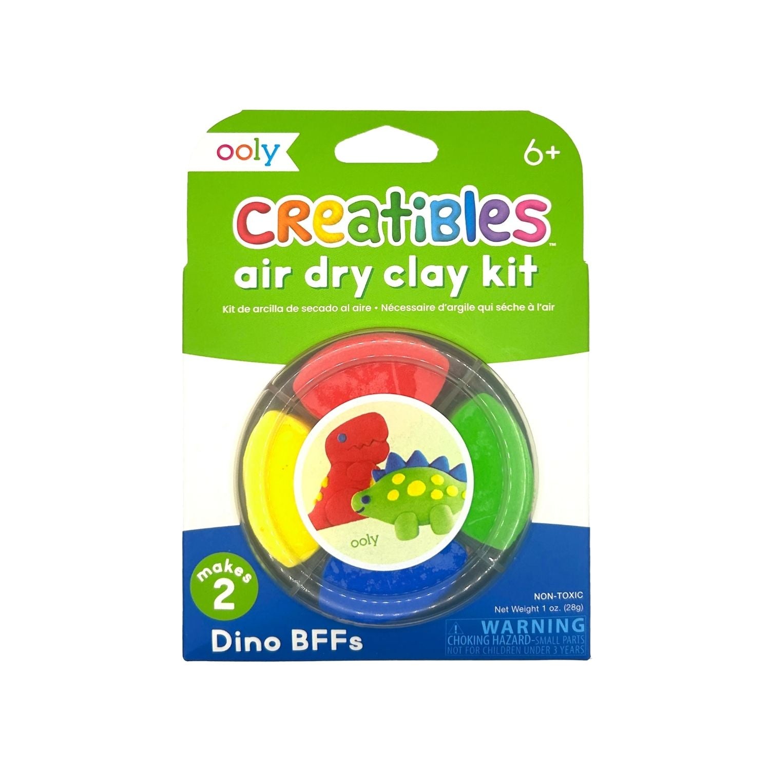 Packaging of Creatibles Mini Air Dry Clay Kit with colorful clay pieces and a dinosaur friend design.