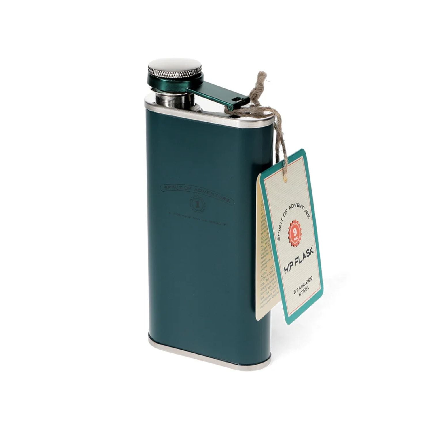 Green hip flask with a tag on a white background