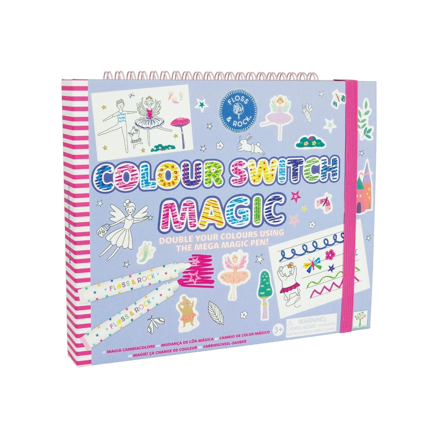 A colorful art and craft activity book titled 'Colour Switch Magic' featuring illustrations of fairies and various craft elements, with a magic white pen included.