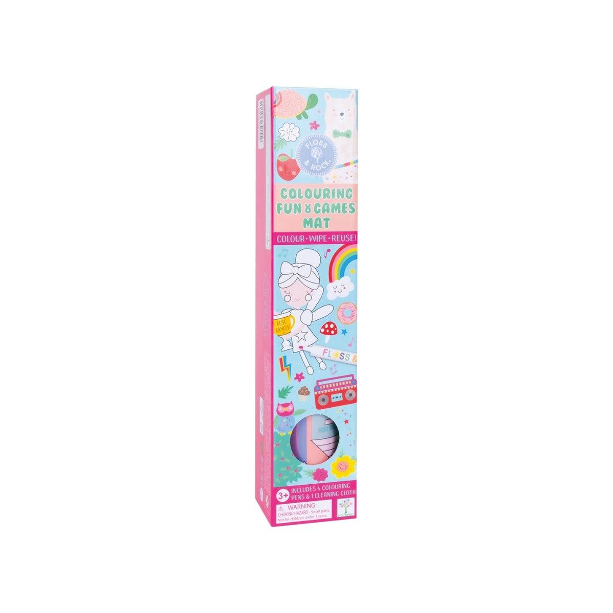Packaging of a Colouring Fun &amp; Games Mat with a Rainbow Fairy theme, including illustrations of fairies and animals. The mat is designed for coloring and includes dry wipe pens and a cleaning cloth.