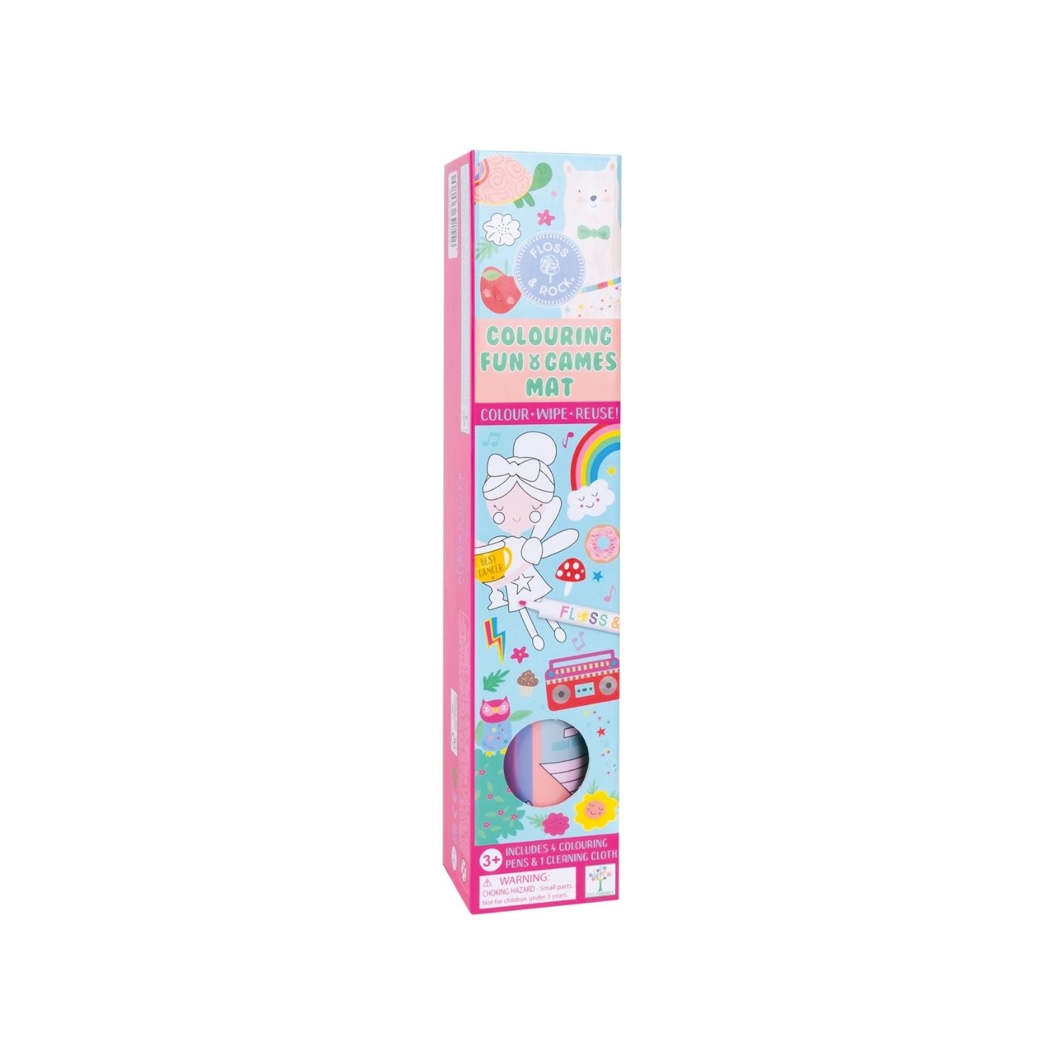Packaging of a Colouring Fun & Games Mat with a Rainbow Fairy theme, including illustrations of fairies and animals. The mat is designed for coloring and includes dry wipe pens and a cleaning cloth.