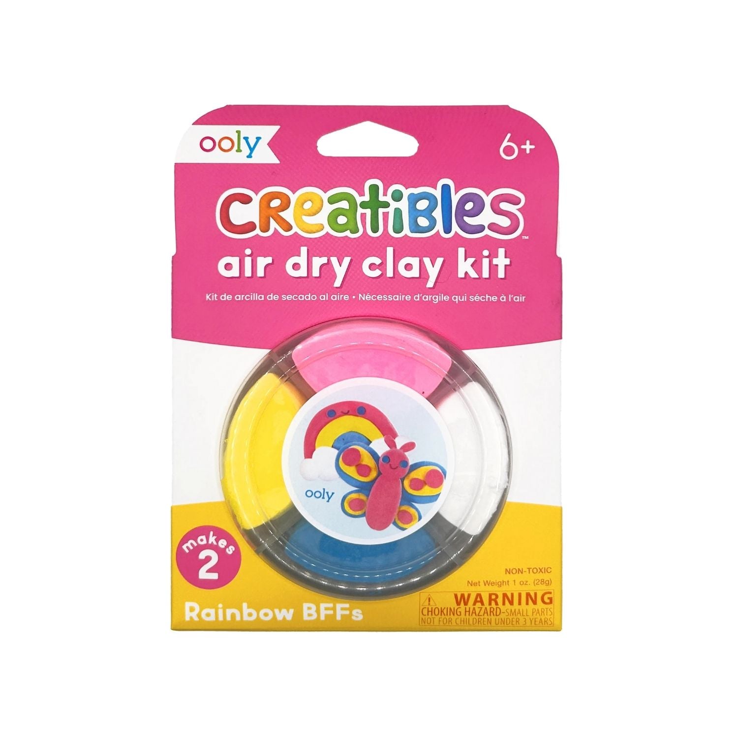 Packaging of Creatibles Mini Air Dry Clay with the theme Rainbow BFFs, featuring images of a butterfly and a rainbow. The kit includes multicolored clay and is marked with the brand Ooly and an age recommendation of 6+.