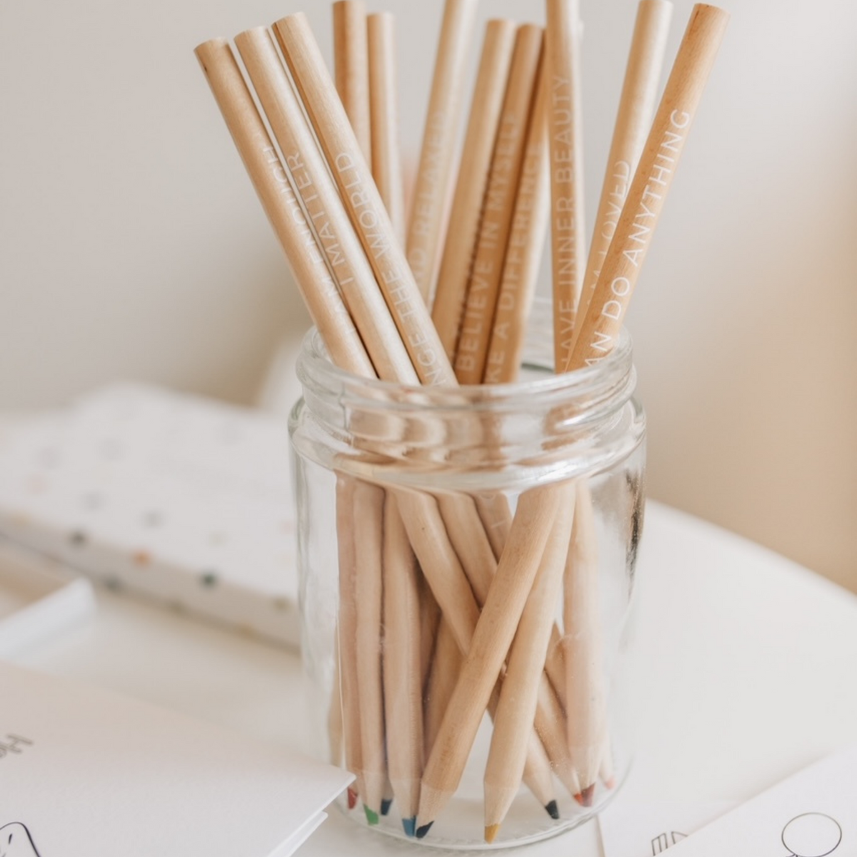 Affirmation Colouring Pencils in a glass jar