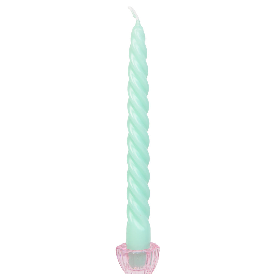 light blue candle  in pink glass candle holder