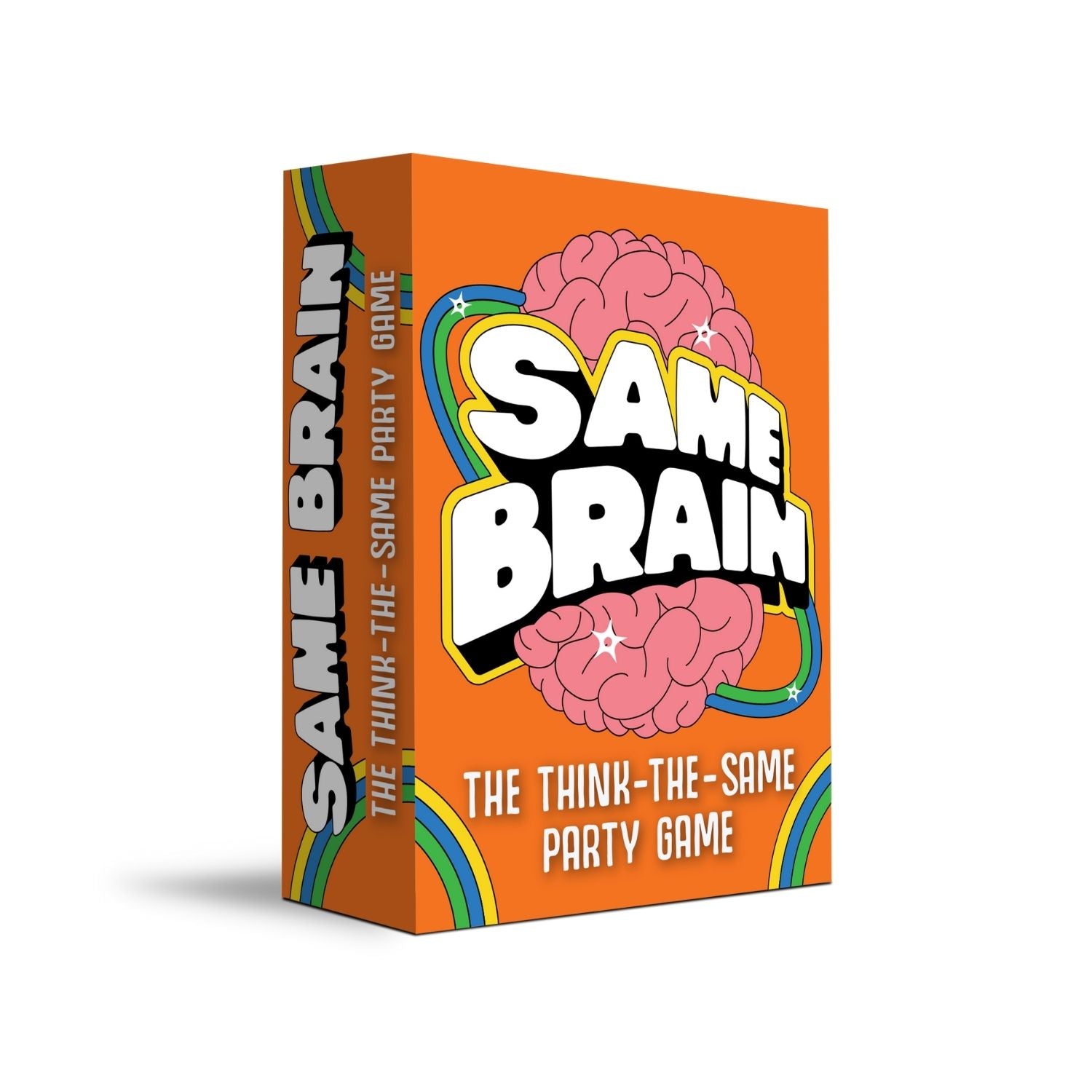 The image shows a boxed party game called 'Same Brain' with a colorful design featuring a cartoon of a human brain on the front.