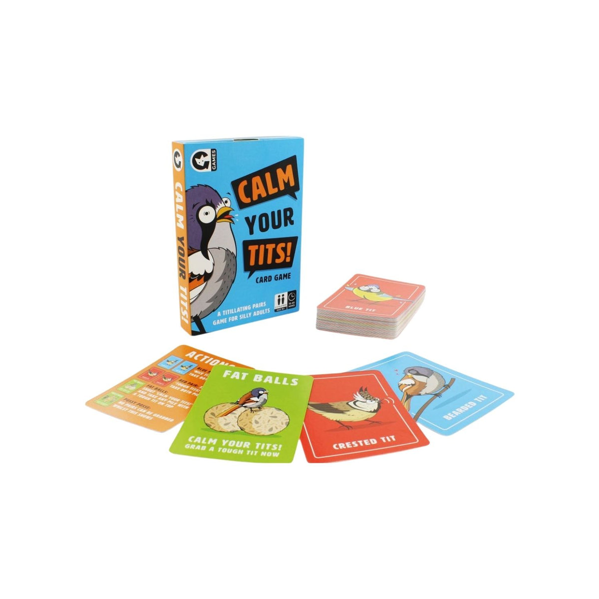 The image shows a box of the &#39;Calm Your Tits&#39; card game featuring a cartoon bird with exaggerated expression on a blue background. The game is indicated for 2-6 players, ages 16+, with 48 cards.