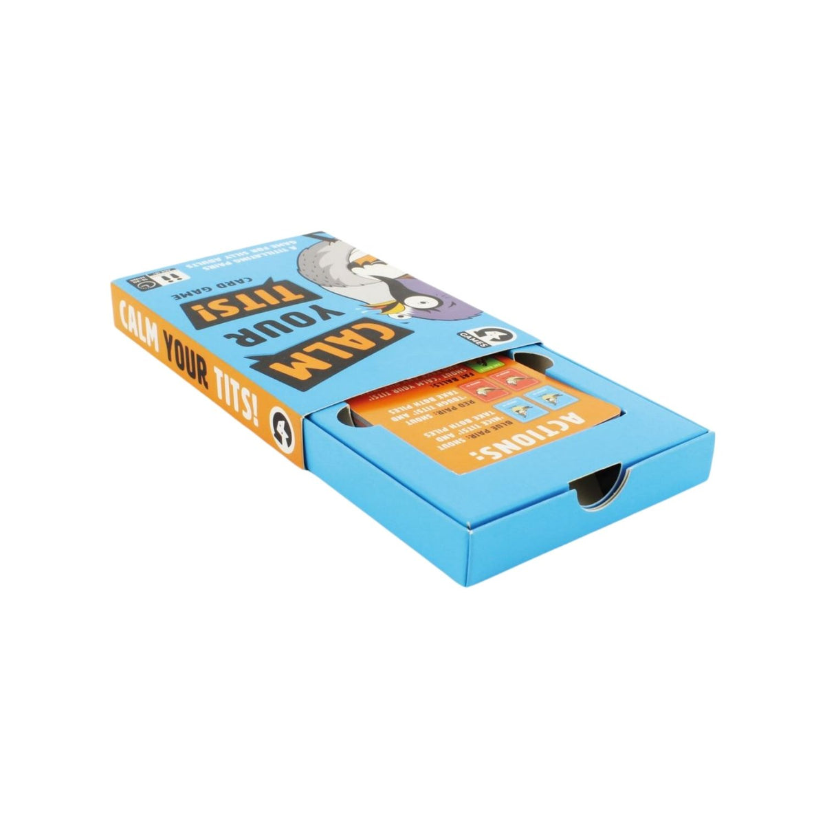 The image shows a box of the &#39;Calm Your Tits&#39; card game featuring a cartoon bird with exaggerated expression on a blue background. The game is indicated for 2-6 players, ages 16+, with 48 cards.
