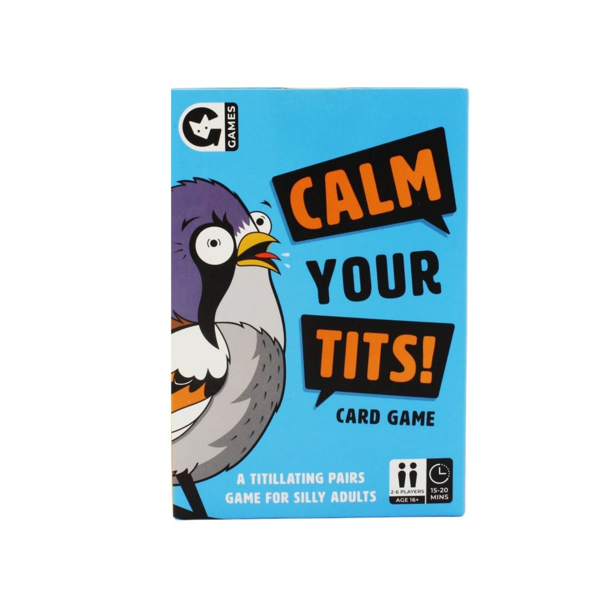 The image shows a box of the &#39;Calm Your Tits&#39; card game featuring a cartoon bird with exaggerated expression on a blue background. The game is indicated for 2-6 players, ages 16+, with 48 cards.