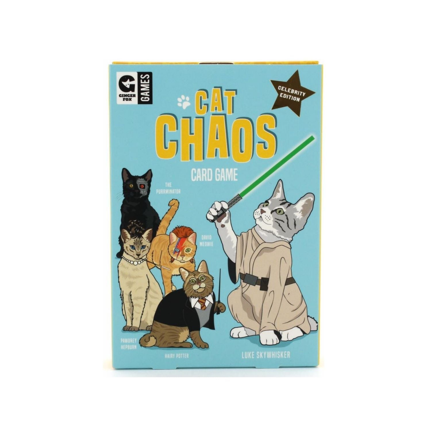The image features the packaging of the card game "Cat Chaos." It displays a vibrant blue background with illustrations of four different breeds of cats dressed in various costumes, including a Sphynx in a bat costume, a Persian in a tuxedo, a British Shorthair in a chef's outfit, and a Domestic Shorthair in a business suit.