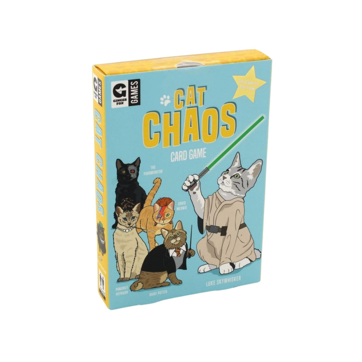 The image features the packaging of the card game &quot;Cat Chaos.&quot; It displays a vibrant blue background with illustrations of four different breeds of cats dressed in various costumes, including a Sphynx in a bat costume, a Persian in a tuxedo, a British Shorthair in a chef&#39;s outfit, and a Domestic Shorthair in a business suit.