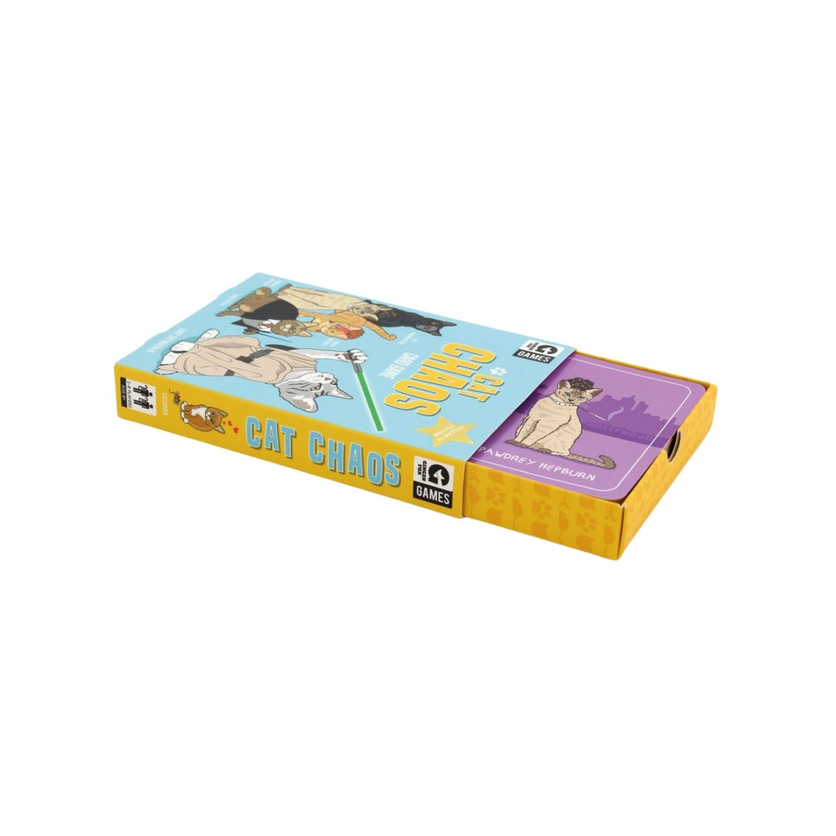 The image features the packaging of the card game &quot;Cat Chaos.&quot; It displays a vibrant blue background with illustrations of four different breeds of cats dressed in various costumes, including a Sphynx in a bat costume, a Persian in a tuxedo, a British Shorthair in a chef&#39;s outfit, and a Domestic Shorthair in a business suit.