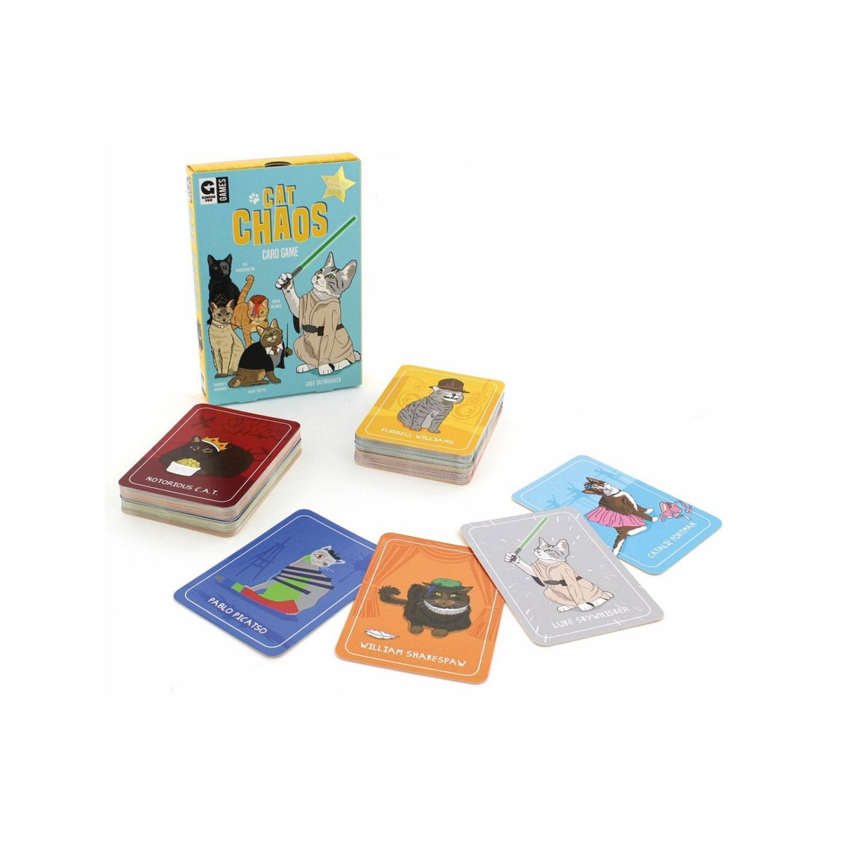 The image features the packaging of the card game &quot;Cat Chaos.&quot; It displays a vibrant blue background with illustrations of four different breeds of cats dressed in various costumes, including a Sphynx in a bat costume, a Persian in a tuxedo, a British Shorthair in a chef&#39;s outfit, and a Domestic Shorthair in a business suit.
