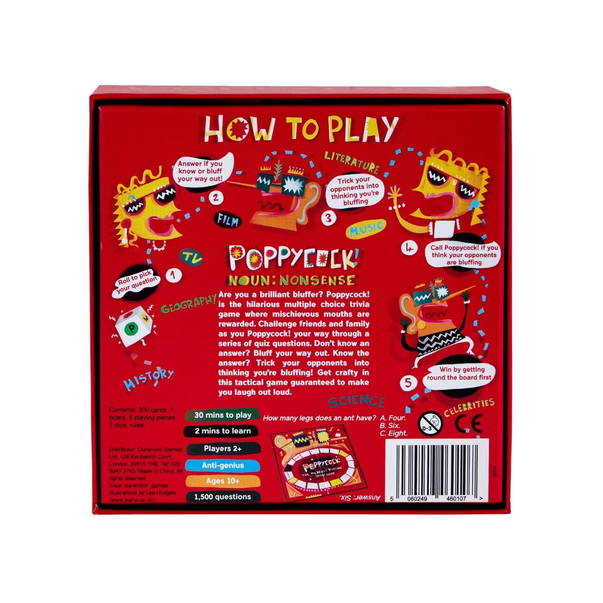 Red box with instructions and graphics for a game called 'Poppycock' A fast-paced, 30-minute trivia game where confidence is king. An excellent choice for lively family game nights and parties.