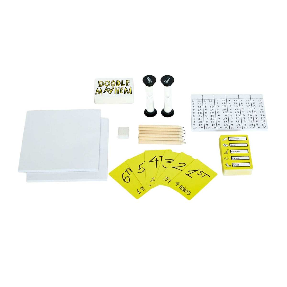 The contents of the game box neatly arranged, displaying the 126 cards, 6 point tokens, 6 sketch pads, 6 pencils, 2 sand timers, and 1 scorepad.
