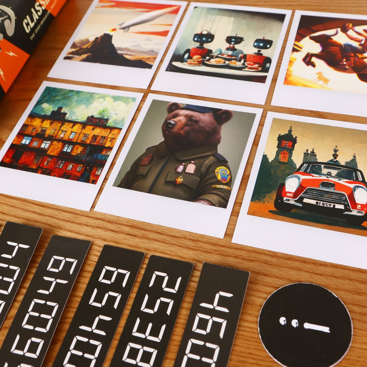 Collection of vintage-style cards featuring illustrations on a wooden surface with number cards and a coin.