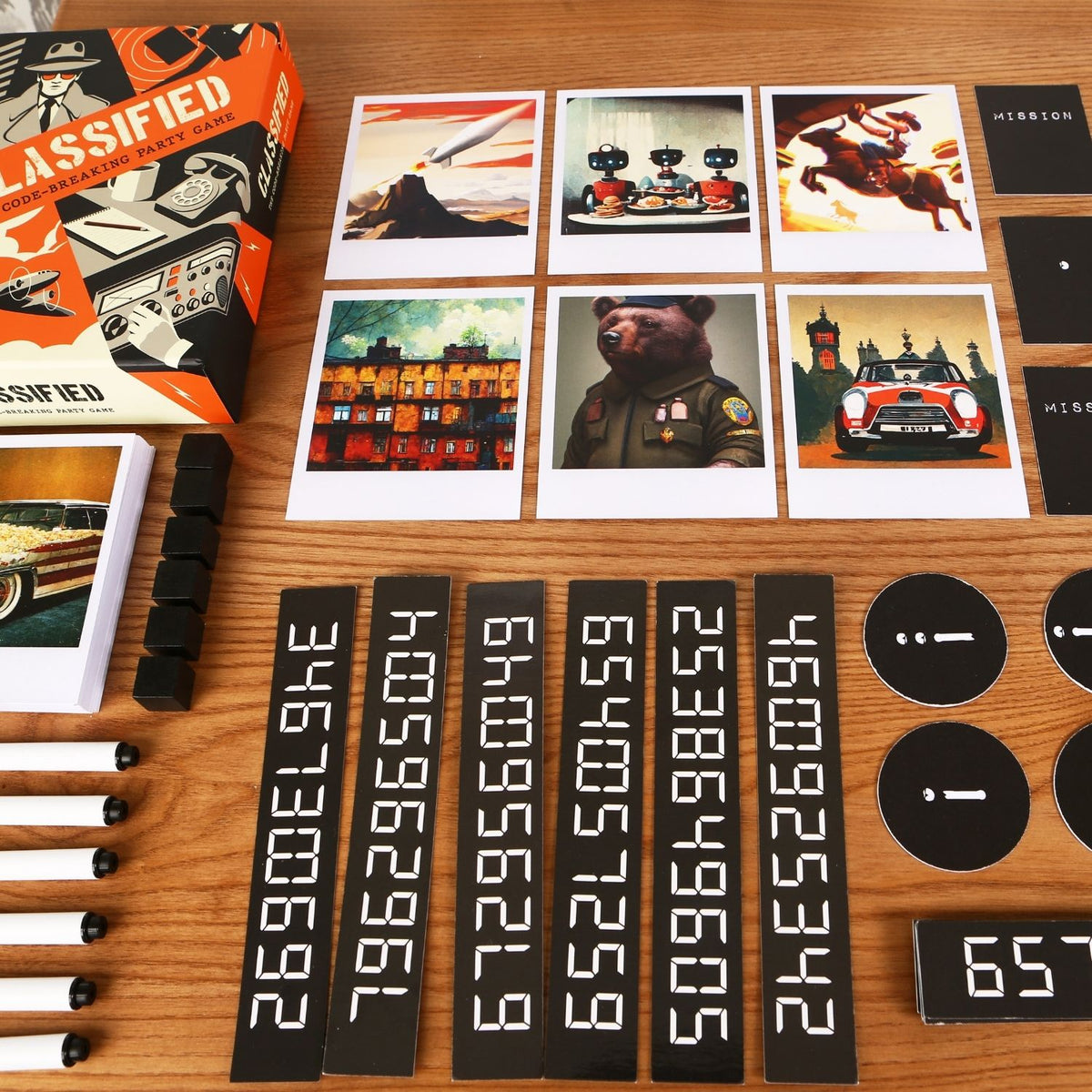 Board game components including a box labeled 'Classified', cards, and number tiles on a wooden surface.