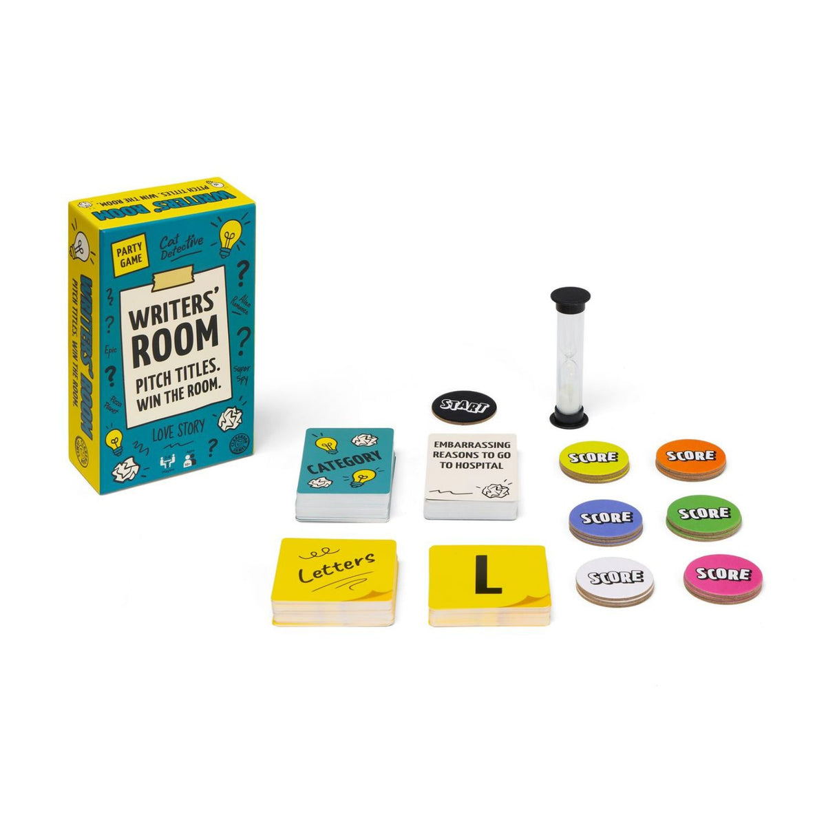 The Writers’ Room party game showcasing its bold, cinematic branding, vivid typography, and television-studio-inspired design.